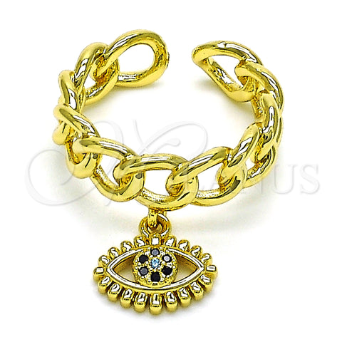 Oro Laminado Multi Stone Ring, Gold Filled Style Evil Eye and Curb Design, with Black and Blue Topaz Micro Pave, Polished, Golden Finish, 01.341.0086 (One size fits all)