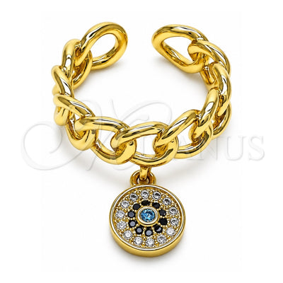 Oro Laminado Multi Stone Ring, Gold Filled Style Curb and Evil Eye Design, with Blue Topaz and Black Micro Pave, Polished, Golden Finish, 01.341.0087 (One size fits all)