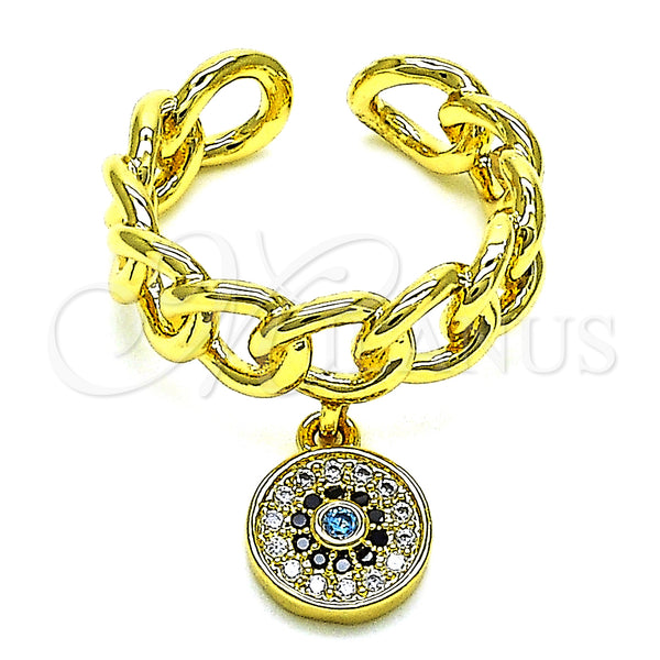 Oro Laminado Multi Stone Ring, Gold Filled Style Curb and Evil Eye Design, with Blue Topaz and Black Micro Pave, Polished, Golden Finish, 01.341.0087 (One size fits all)