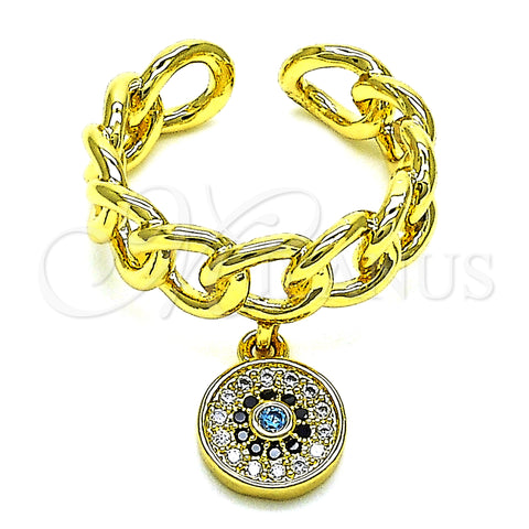 Oro Laminado Multi Stone Ring, Gold Filled Style Curb and Evil Eye Design, with Blue Topaz and Black Micro Pave, Polished, Golden Finish, 01.341.0087 (One size fits all)