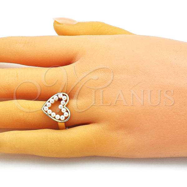 Oro Laminado Multi Stone Ring, Gold Filled Style Heart Design, with Ivory Pearl, Polished, Golden Finish, 01.341.0089 (One size fits all)