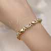 Oro Laminado Fancy Bracelet, Gold Filled Style Hugs and Kisses and Heart Design, with White Micro Pave, Polished, Golden Finish, 03.283.0265.07