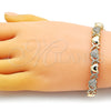 Oro Laminado Fancy Bracelet, Gold Filled Style Hugs and Kisses and Heart Design, with White Micro Pave, Polished, Golden Finish, 03.283.0265.07 (08 MM Thickness, 7 Inches Length)