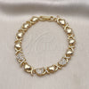 Oro Laminado Fancy Bracelet, Gold Filled Style Hugs and Kisses and Heart Design, with White Micro Pave, Polished, Golden Finish, 03.283.0265.07 (08 MM Thickness, 7 Inches Length)