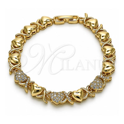 Oro Laminado Fancy Bracelet, Gold Filled Style Hugs and Kisses and Heart Design, with White Micro Pave, Polished, Golden Finish, 03.283.0265.07 (08 MM Thickness, 7 Inches Length)