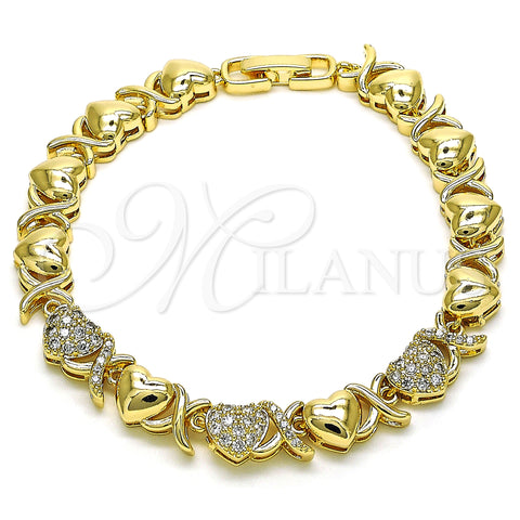 Oro Laminado Fancy Bracelet, Gold Filled Style Hugs and Kisses and Heart Design, with White Micro Pave, Polished, Golden Finish, 03.283.0265.07 (08 MM Thickness, 7 Inches Length)