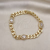 Oro Laminado Fancy Bracelet, Gold Filled Style Teardrop and Curb Design, with White Cubic Zirconia and White Micro Pave, Polished, Golden Finish, 03.283.0266.07 (07 MM Thickness, 7 Inches Length)