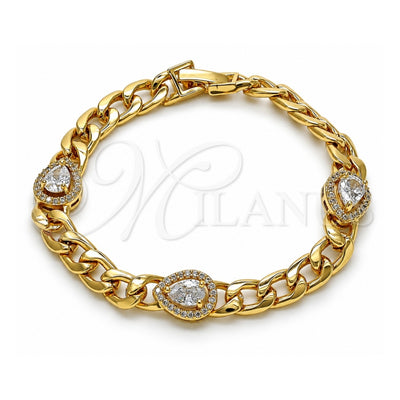 Oro Laminado Fancy Bracelet, Gold Filled Style Teardrop and Curb Design, with White Cubic Zirconia and White Micro Pave, Polished, Golden Finish, 03.283.0266.07 (07 MM Thickness, 7 Inches Length)