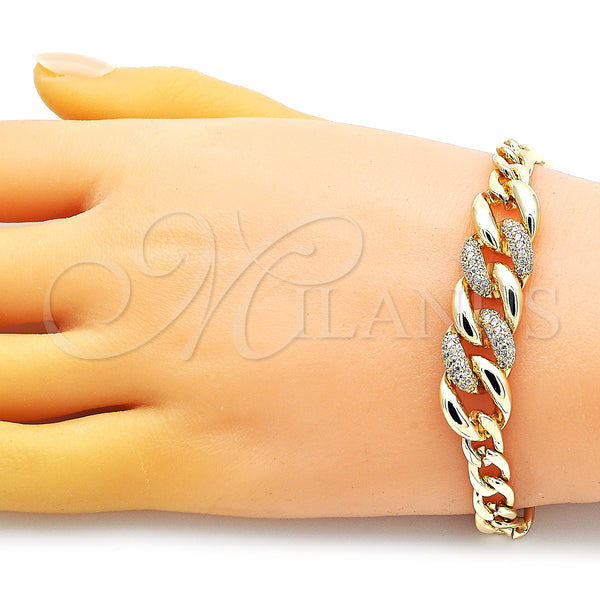 Oro Laminado Fancy Bracelet, Gold Filled Style Curb Design, with White Micro Pave, Polished, Golden Finish, 03.283.0270.07 (07 MM Thickness, 7 Inches Length)