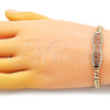 Oro Laminado Fancy Bracelet, Gold Filled Style Greek Key and Miami Cuban Design, with White Micro Pave, Polished, Golden Finish, 03.283.0274.07 (05 MM Thickness, 7 Inches Length)