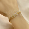 Oro Laminado Fancy Bracelet, Gold Filled Style Greek Key and Miami Cuban Design, with White Micro Pave, Polished, Golden Finish, 03.283.0274.07 (05 MM Thickness, 7 Inches Length)