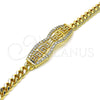 Oro Laminado Fancy Bracelet, Gold Filled Style Greek Key and Miami Cuban Design, with White Micro Pave, Polished, Golden Finish, 03.283.0274.07 (05 MM Thickness, 7 Inches Length)