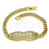 Oro Laminado Fancy Bracelet, Gold Filled Style Greek Key and Miami Cuban Design, with White Micro Pave, Polished, Golden Finish, 03.283.0274.07 (05 MM Thickness, 7 Inches Length)