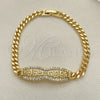 Oro Laminado Fancy Bracelet, Gold Filled Style Greek Key and Miami Cuban Design, with White Micro Pave, Polished, Golden Finish, 03.283.0274.07 (05 MM Thickness, 7 Inches Length)