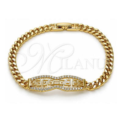 Oro Laminado Fancy Bracelet, Gold Filled Style Greek Key and Miami Cuban Design, with White Micro Pave, Polished, Golden Finish, 03.283.0274.07 (05 MM Thickness, 7 Inches Length)