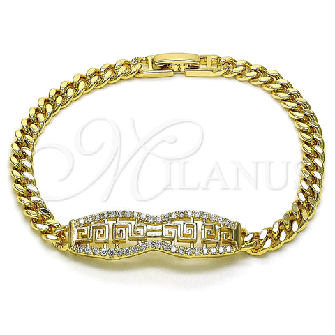 Oro Laminado Fancy Bracelet, Gold Filled Style Greek Key and Miami Cuban Design, with White Micro Pave, Polished, Golden Finish, 03.283.0274.07 (05 MM Thickness, 7 Inches Length)