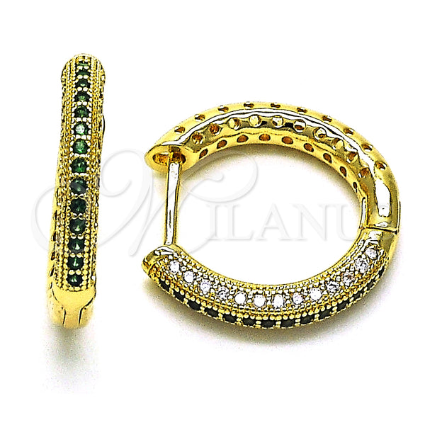 Gold Filled Hoop Earrings — Huggie Hoop with Green and White Micro Pave — main product view — SKU 150763 | Oro Laminado aretes de aro — Huggie Hoop with Green and blanco Micro Pave — SKU 150763