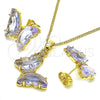 Oro Laminado Earring and Pendant Adult Set, Gold Filled Style Butterfly Design, with Provence Lavander Crystal and White Micro Pave, Polished, Golden Finish, 10.284.0024.5