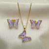 Oro Laminado Earring and Pendant Adult Set, Gold Filled Style Butterfly Design, with Provence Lavander Crystal and White Micro Pave, Polished, Golden Finish, 10.284.0024.5