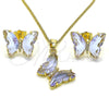 Oro Laminado Earring and Pendant Adult Set, Gold Filled Style Butterfly Design, with Provence Lavander Crystal and White Micro Pave, Polished, Golden Finish, 10.284.0024.5