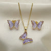 Oro Laminado Earring and Pendant Adult Set, Gold Filled Style Butterfly Design, with Provence Lavander Crystal and White Micro Pave, Polished, Golden Finish, 10.284.0024.5