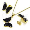 Oro Laminado Earring and Pendant Adult Set, Gold Filled Style Butterfly Design, with Jet Crystal and White Micro Pave, Polished, Golden Finish, 10.284.0024.7