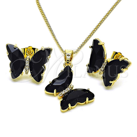 Oro Laminado Earring and Pendant Adult Set, Gold Filled Style Butterfly Design, with Jet Crystal and White Micro Pave, Polished, Golden Finish, 10.284.0024.7