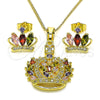 Oro Laminado Earring and Pendant Adult Set, Gold Filled Style Crown Design, with Multicolor Cubic Zirconia and White Micro Pave, Polished, Golden Finish, 10.210.0171