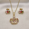Oro Laminado Earring and Pendant Adult Set, Gold Filled Style Crown Design, with Multicolor Cubic Zirconia and White Micro Pave, Polished, Golden Finish, 10.210.0171