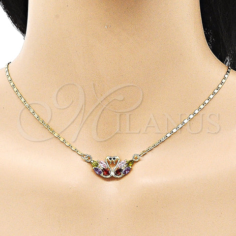 Oro Laminado Earring and Pendant Adult Set, Gold Filled Style Swan Design, with Multicolor and Black Cubic Zirconia, Polished, Golden Finish, 10.210.0174
