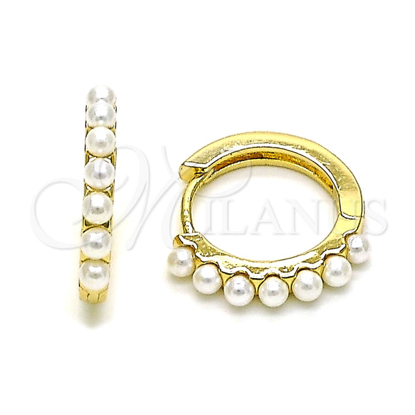 Gold Filled Hoop Earrings — Huggie Hoop with Ivory Pearl Polished 02. — main product view — SKU 150798 | Oro Laminado aretes de aro — Huggie Hoop with Ivory Pearl pulido 02. — SKU 150798