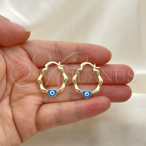 Gold Filled Hoop Earrings — Small Hoop Heart and Evil Eye Design Azul — main product view — SKU 150799 | Oro Laminado aretes de aro — Small Hoop corazón and Evil Eye diseño Azul — SKU 150799