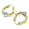 Oro Laminado Small Hoop, Gold Filled Style Heart and Evil Eye Design, Azul claro Enamel Finish, Golden Finish, 02.213.0443.25