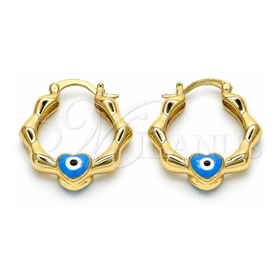 Oro Laminado Small Hoop, Gold Filled Style Heart and Evil Eye Design, Azul claro Enamel Finish, Golden Finish, 02.213.0443.25