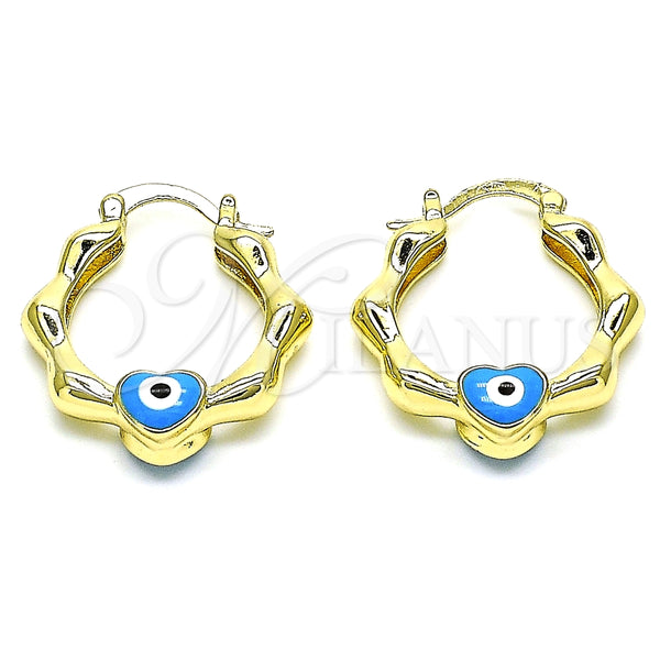 Oro Laminado Small Hoop, Gold Filled Style Heart and Evil Eye Design, Azul claro Enamel Finish, Golden Finish, 02.213.0443.25