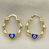 Oro Laminado Small Hoop, Gold Filled Style Heart and Evil Eye Design, Blue Enamel Finish, Golden Finish, 02.213.0443.1.25