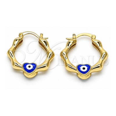 Oro Laminado Small Hoop, Gold Filled Style Heart and Evil Eye Design, Blue Enamel Finish, Golden Finish, 02.213.0443.1.25