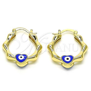 Gold Filled Hoop Earrings — Small Hoop Heart and Evil Eye Design Blue — main product view — SKU 150800 | Oro Laminado aretes de aro — Small Hoop corazón and Evil Eye diseño Blue — SKU 150800