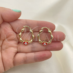 Gold Filled Hoop Earrings — Small Hoop Heart and Evil Eye Design Red — main product view — SKU 150801 | Oro Laminado aretes de aro — Small Hoop corazón and Evil Eye diseño Red — SKU 150801