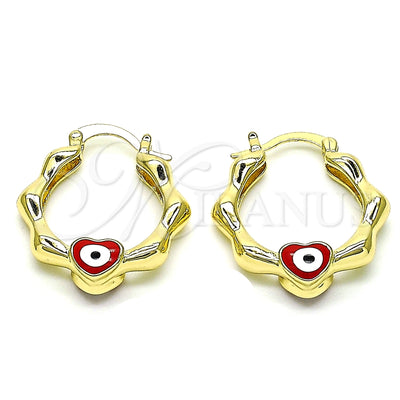 Oro Laminado Small Hoop, Gold Filled Style Heart and Evil Eye Design, Red Enamel Finish, Golden Finish for wholesale, main product view