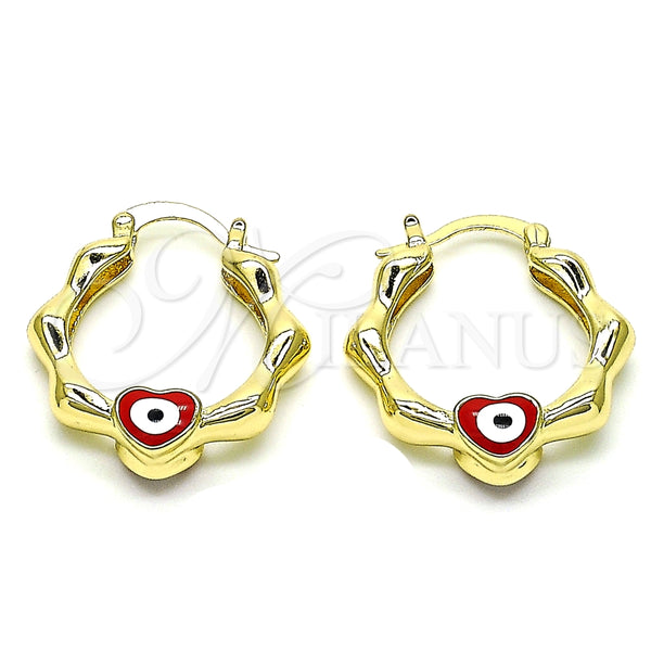 Oro Laminado Small Hoop, Gold Filled Style Heart and Evil Eye Design, Red Enamel Finish, Golden Finish, 02.213.0443.2.25
