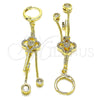 Oro Laminado Long Earring, Gold Filled Style key and Box Design, with White Micro Pave and White Cubic Zirconia, Polished, Golden Finish, 02.316.0088