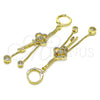Oro Laminado Long Earring, Gold Filled Style key and Box Design, with White Micro Pave and White Cubic Zirconia, Polished, Golden Finish, 02.316.0088