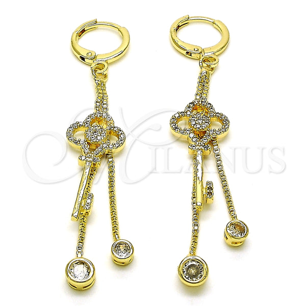 Oro Laminado Long Earring, Gold Filled Style key and Box Design, with White Micro Pave and White Cubic Zirconia, Polished, Golden Finish, 02.316.0088