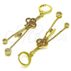 Oro Laminado Long Earring, Gold Filled Style key and Box Design, with Ruby Micro Pave and White Cubic Zirconia, Polished, Golden Finish, 02.316.0088.2