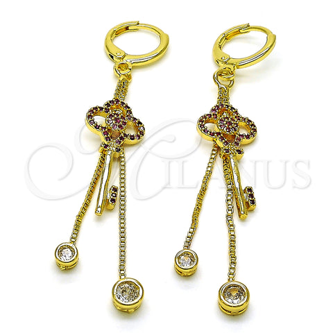 Oro Laminado Long Earring, Gold Filled Style key and Box Design, with Ruby Micro Pave and White Cubic Zirconia, Polished, Golden Finish, 02.316.0088.2