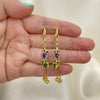 Oro Laminado Long Earring, Gold Filled Style Owl and Box Design, with Amethyst and Peridot Cubic Zirconia, Polished, Golden Finish, 02.316.0089
