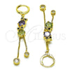 Oro Laminado Long Earring, Gold Filled Style Owl and Box Design, with Amethyst and Peridot Cubic Zirconia, Polished, Golden Finish, 02.316.0089