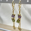 Oro Laminado Long Earring, Gold Filled Style Owl and Box Design, with Amethyst and Peridot Cubic Zirconia, Polished, Golden Finish, 02.316.0089