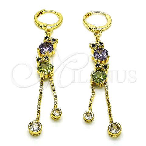 Oro Laminado Long Earring, Gold Filled Style Owl and Box Design, with Amethyst and Peridot Cubic Zirconia, Polished, Golden Finish, 02.316.0089